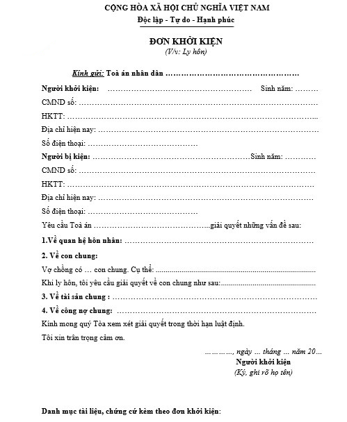 Mẫu đơn ly hôn đơn phương chuẩn theo quy định mới nhất